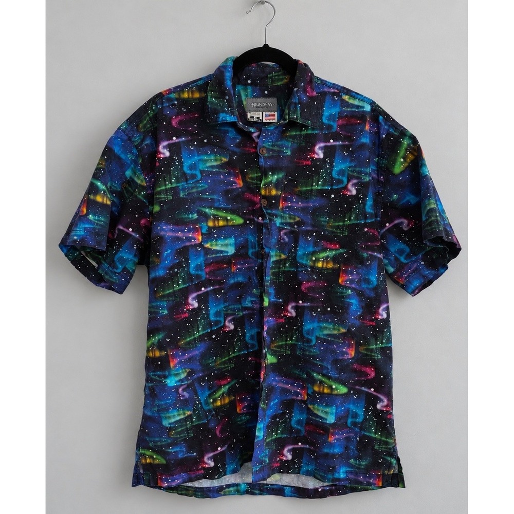 Vintage 90s High Seas Men's M Galaxy Neon Space Hawaiian Shirt Made USA